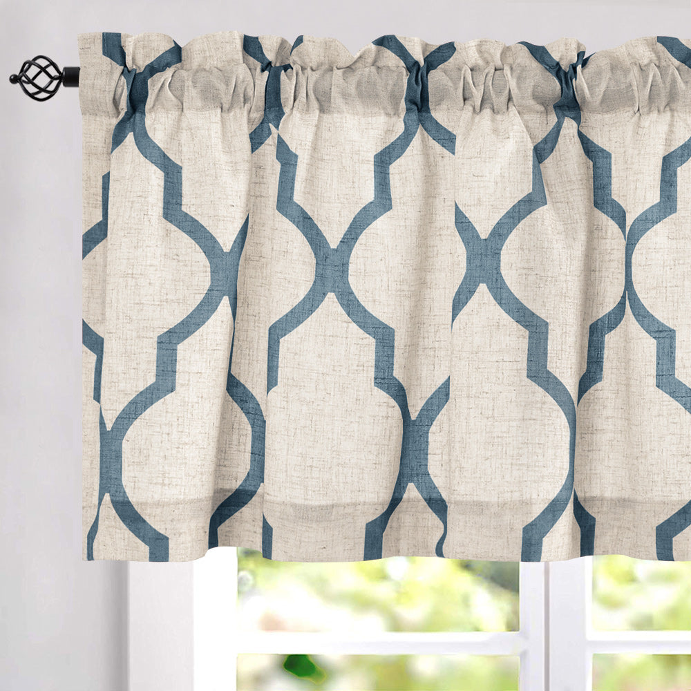CURTAINKING Kitchen Valance Curtain Moroccan Tile Print Flax Linen Blend Small Window Curtains 16 inch 1 Panel Rod Pocket