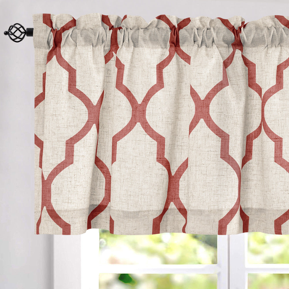 CURTAINKING Kitchen Valance Curtain Moroccan Tile Print Flax Linen Blend Small Window Curtains 16 inch 1 Panel Rod Pocket