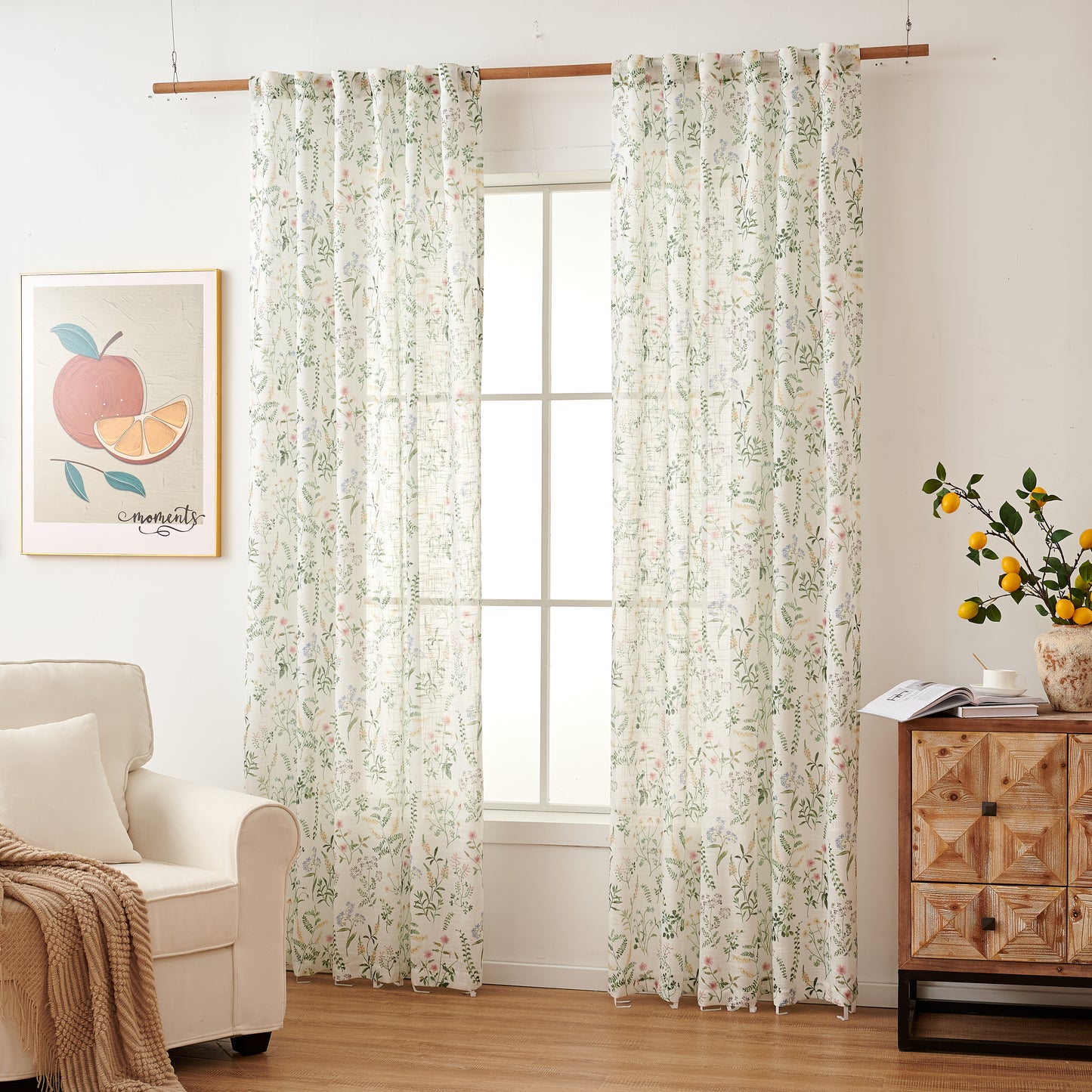 CURTAINKING Floral Curtains Farmhouse Green Curtain for Bedroom French Country Back Tab Drapes Plants Printed Light Filtering Window Treatment Curtains Set, 2 Panels