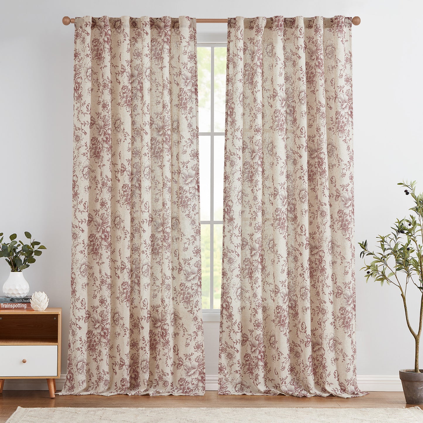 CURTAINKING Linen Curtains Floral Curtains for Living Room Printed Curtains Rod Pocket Back Tab Farmhouse Peony Flower Patterned Drapes Bedroom Window Curtain Set 2 Panels