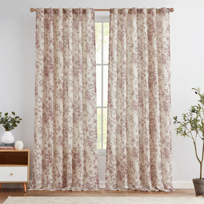 CURTAINKING Linen Curtains Floral Curtains for Living Room Printed Curtains Rod Pocket Back Tab Farmhouse Peony Flower Patterned Drapes Bedroom Window Curtain Set 2 Panels