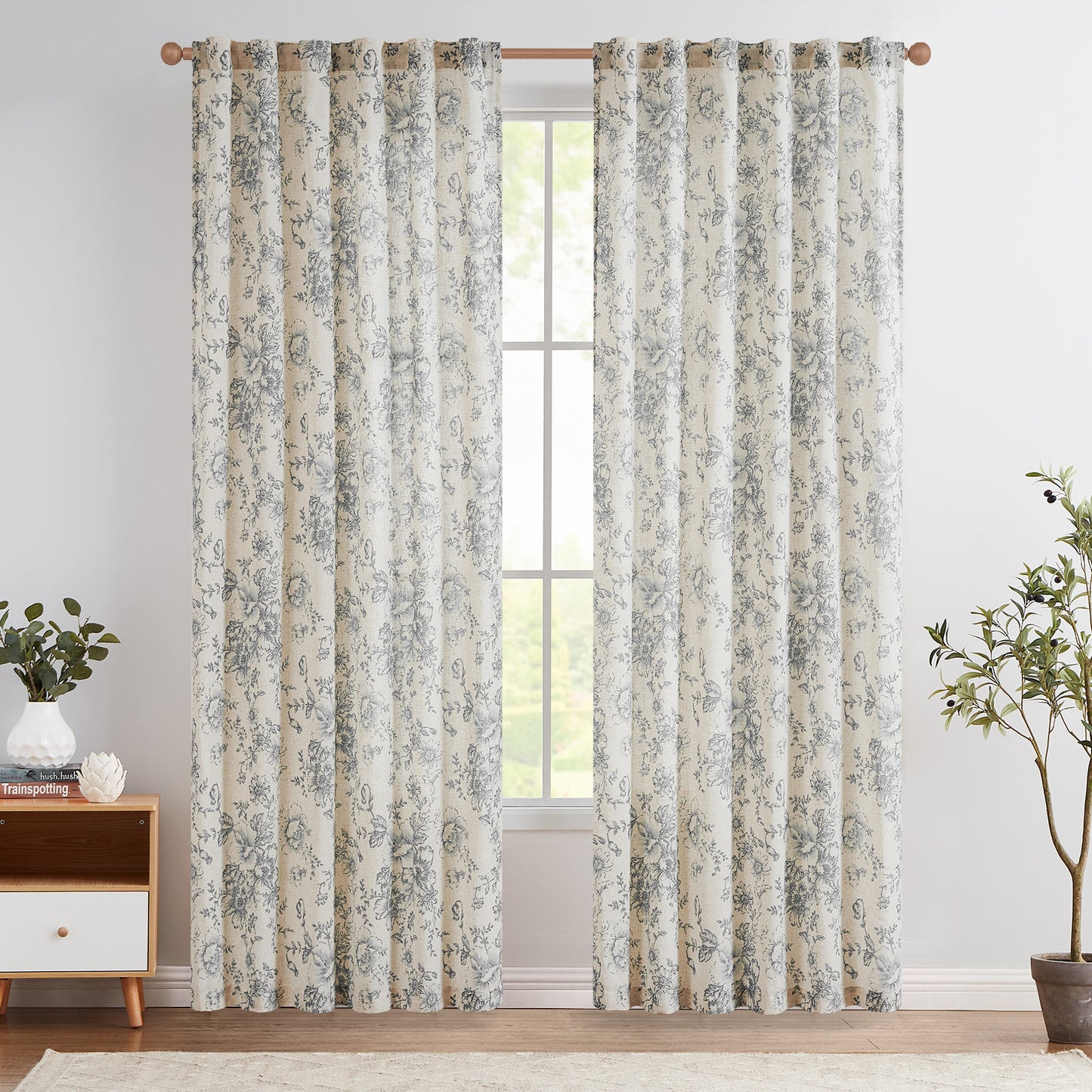 CURTAINKING Linen Curtains Floral Curtains for Living Room Curtains Rod Pocket Back Tab Farmhouse Peony Flower Patterned Drapes Bedroom Window Curtain Set 2 Panels