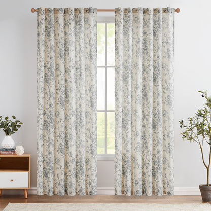 CURTAINKING Linen Curtains Floral Curtains for Living Room Curtains Rod Pocket Back Tab Farmhouse Peony Flower Patterned Drapes Bedroom Window Curtain Set 2 Panels