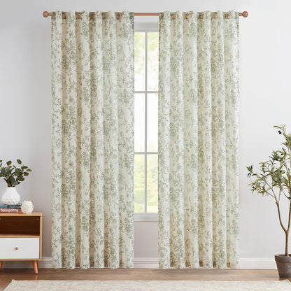 CURTAINKING Linen Curtains Floral Curtains for Living Room Curtains Rod Pocket Back Tab Farmhouse Peony Flower Patterned Drapes Bedroom Window Curtain Set 2 Panels