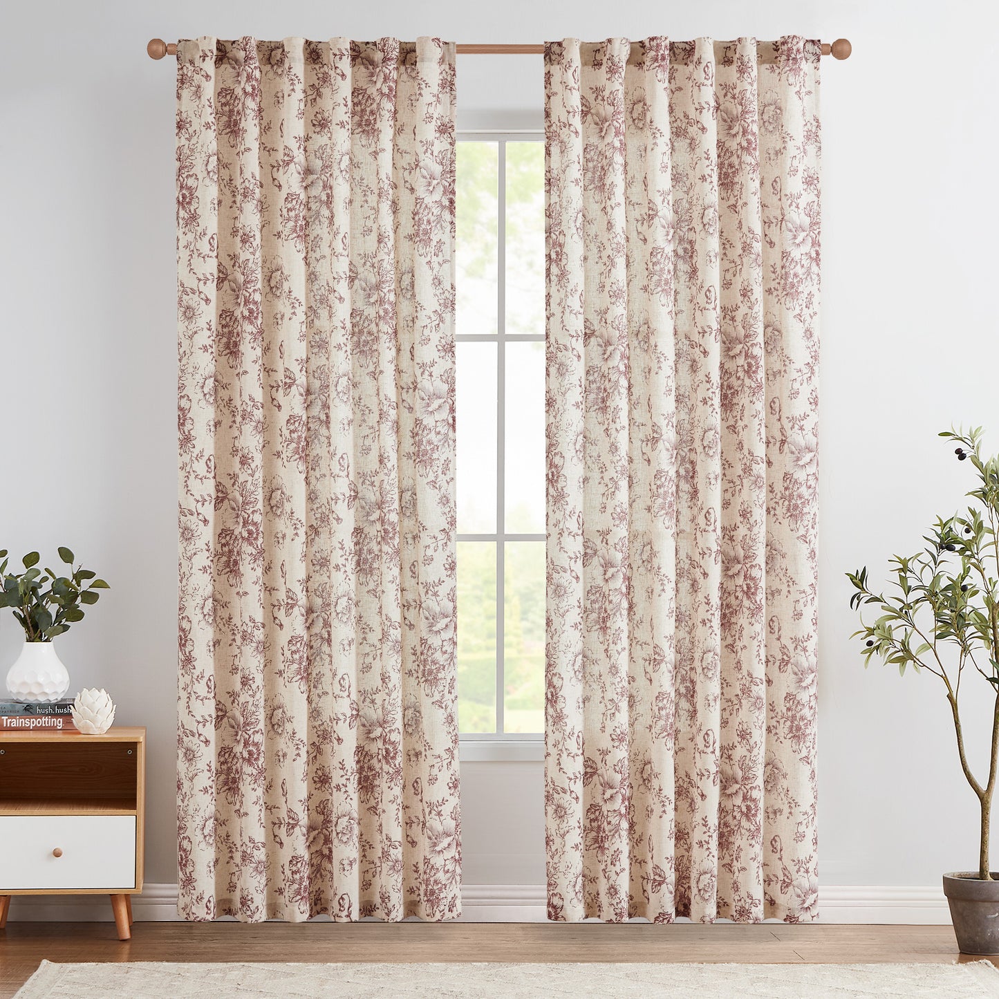 CURTAINKING Linen Curtains Floral Curtains for Living Room Printed Curtains Rod Pocket Back Tab Farmhouse Peony Flower Patterned Drapes Bedroom Window Curtain Set 2 Panels