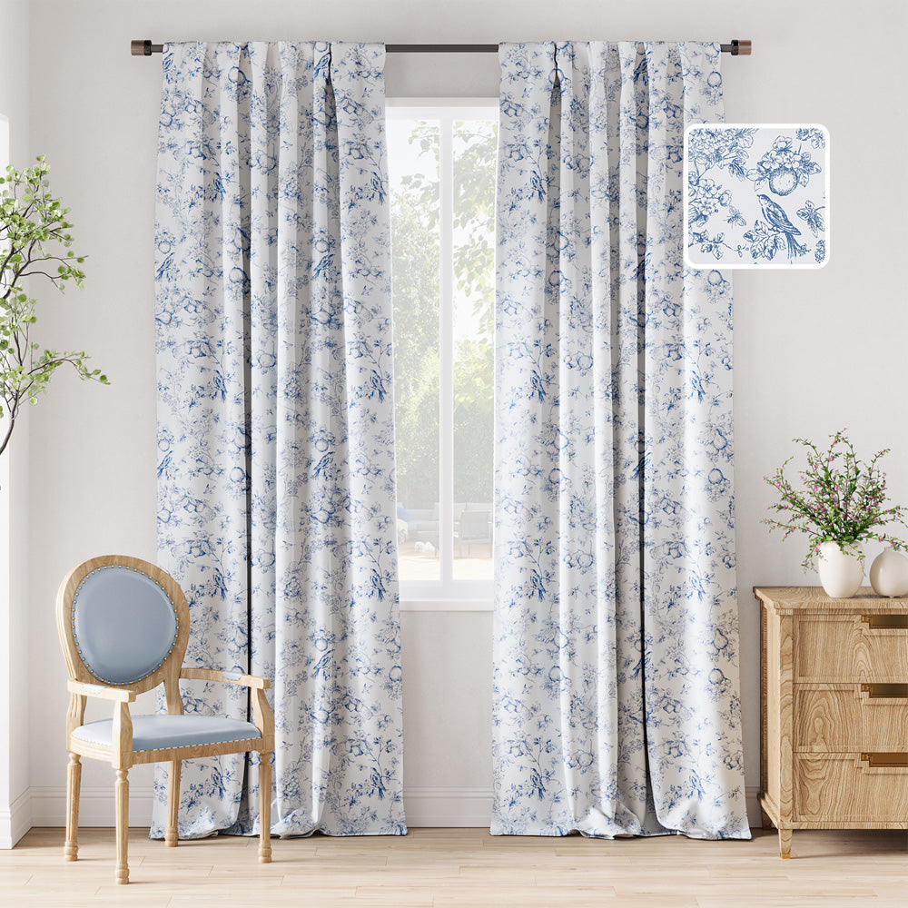 CURTAINKING Blackout Curtains Printed Floral French Farmhouse Curtains for Bedroom Living Room Back Tab Thermal Insulated Window Drapes 2 Panels