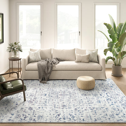 RUGKING Blue Vintage Area Rug Floral Carpet Distressed Mat, Foldable Non Slip Accent Rug for Kitchen Living Room