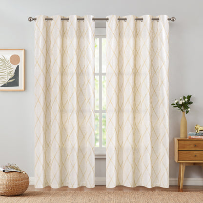 Curtainking Linen Curtains for Living Room Farmhouse Diamond Embroidered Flax Window Drapes Light Filtering Grommet Curtains 2 Panels