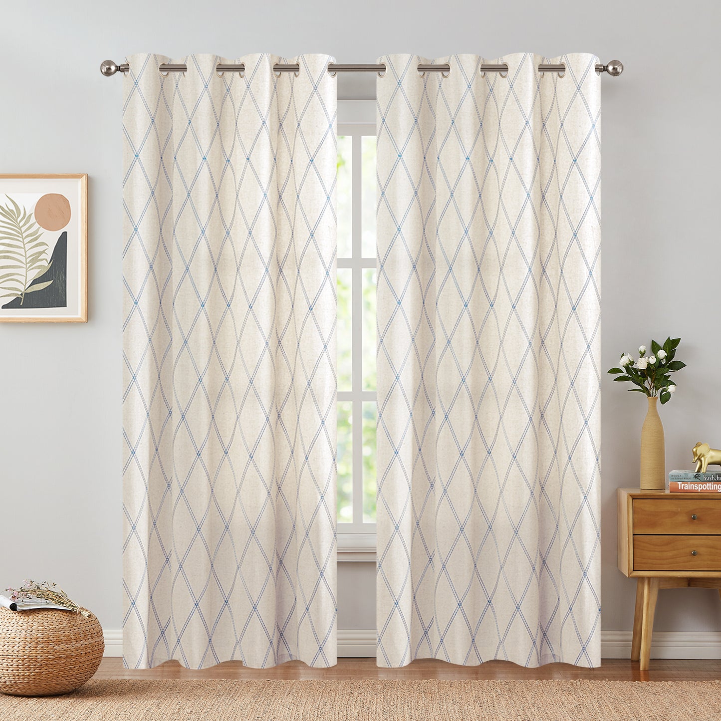 Curtainking Linen Curtains for Living Room Farmhouse Diamond Embroidered Flax Window Drapes Light Filtering Grommet Curtains 2 Panels
