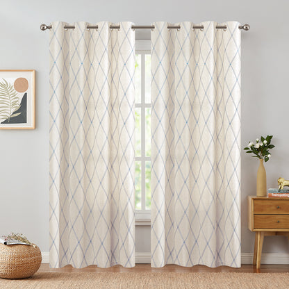 Curtainking Linen Curtains for Living Room Farmhouse Diamond Embroidered Flax Window Drapes Light Filtering Grommet Curtains 2 Panels