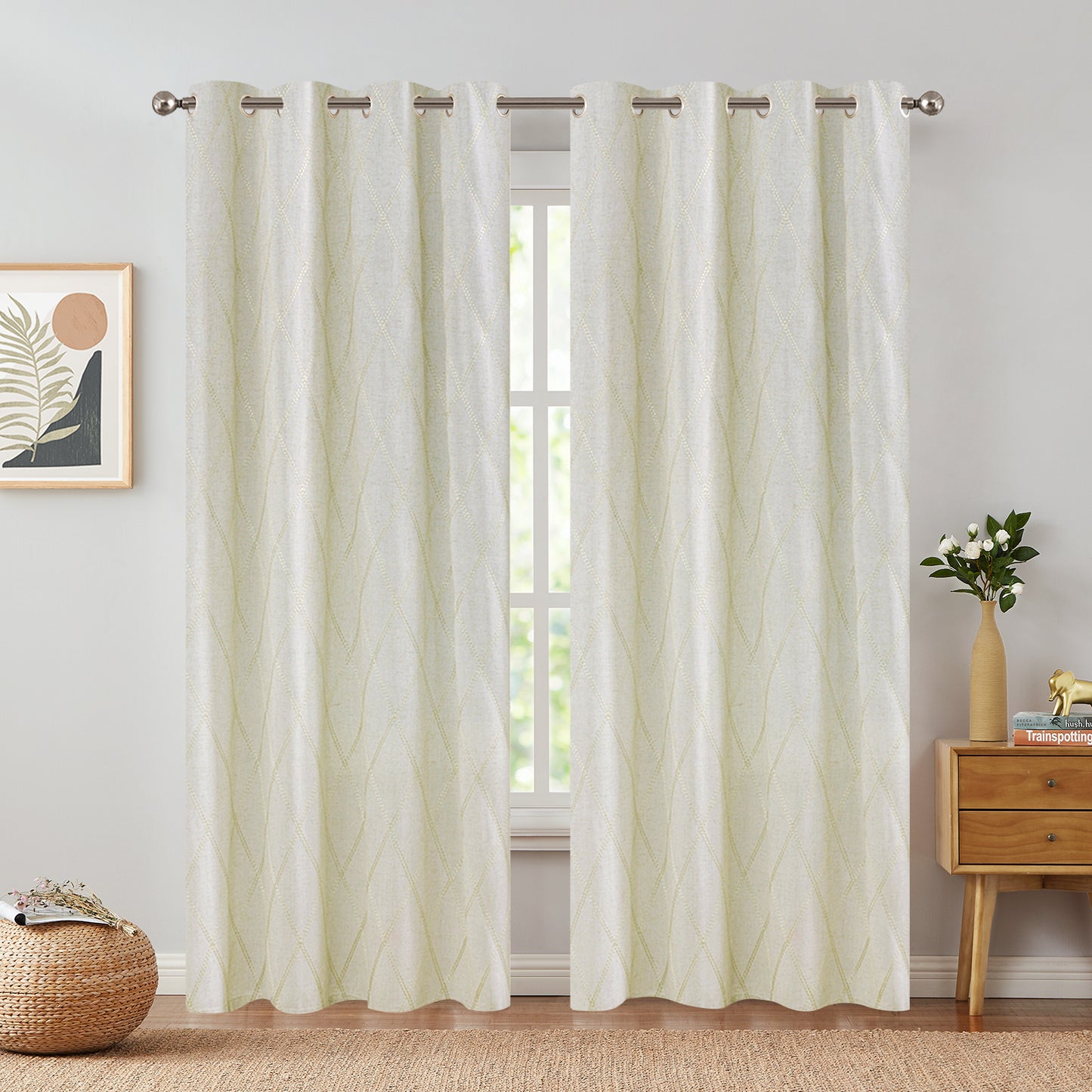Curtainking Linen Curtains for Living Room Farmhouse Diamond Embroidered Flax Window Drapes Light Filtering Grommet Curtains 2 Panels