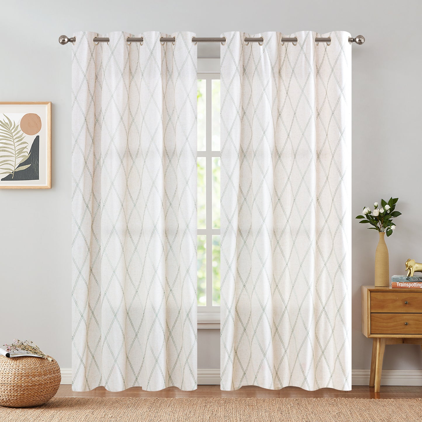 Curtainking Linen Curtains for Living Room Farmhouse Diamond Embroidered Flax Window Drapes Light Filtering Grommet Curtains 2 Panels
