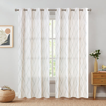 Curtainking Linen Curtains for Living Room Farmhouse Diamond Embroidered Flax Window Drapes Light Filtering Grommet Curtains 2 Panels