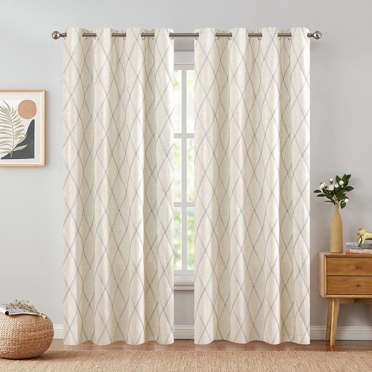 Curtainking Linen Curtains for Living Room Farmhouse Diamond Embroidered Flax Window Drapes Light Filtering Grommet Curtains 2 Panels