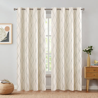 Curtainking Linen Curtains for Living Room Farmhouse Diamond Embroidered Flax Window Drapes Light Filtering Grommet Curtains 2 Panels