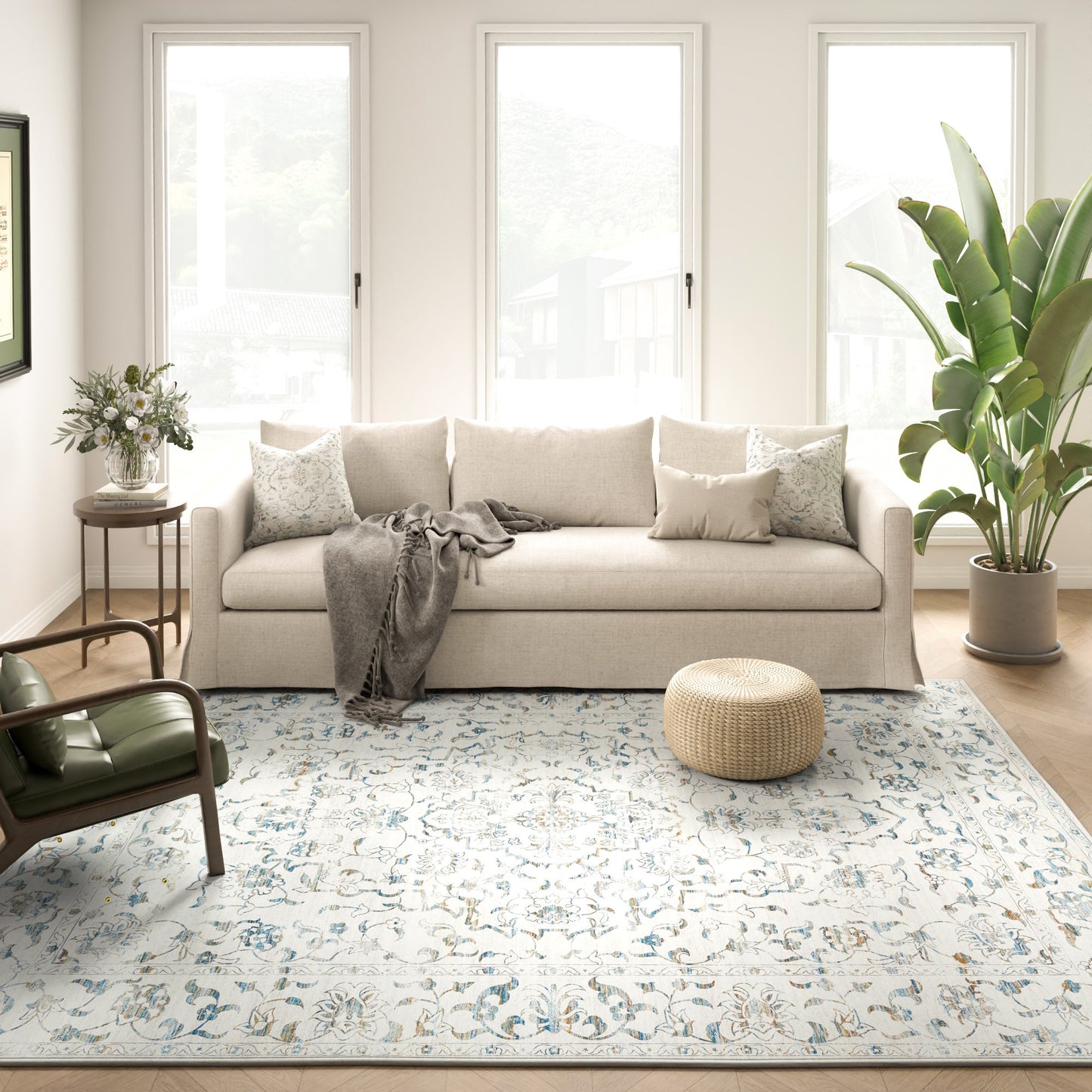RUGKING Lake Blue Vintage Area Rug Floral Carpet Distressed Mat, Foldable Non Slip Accent Rug for Kitchen Living Room