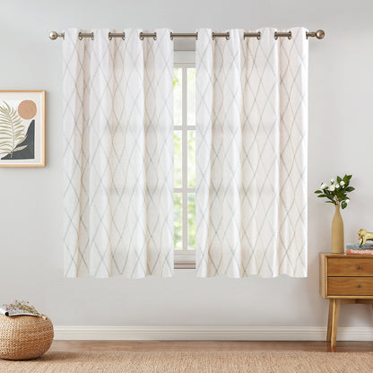 Curtainking Linen Curtains for Living Room Farmhouse Diamond Embroidered Flax Window Drapes Light Filtering Grommet Curtains 2 Panels