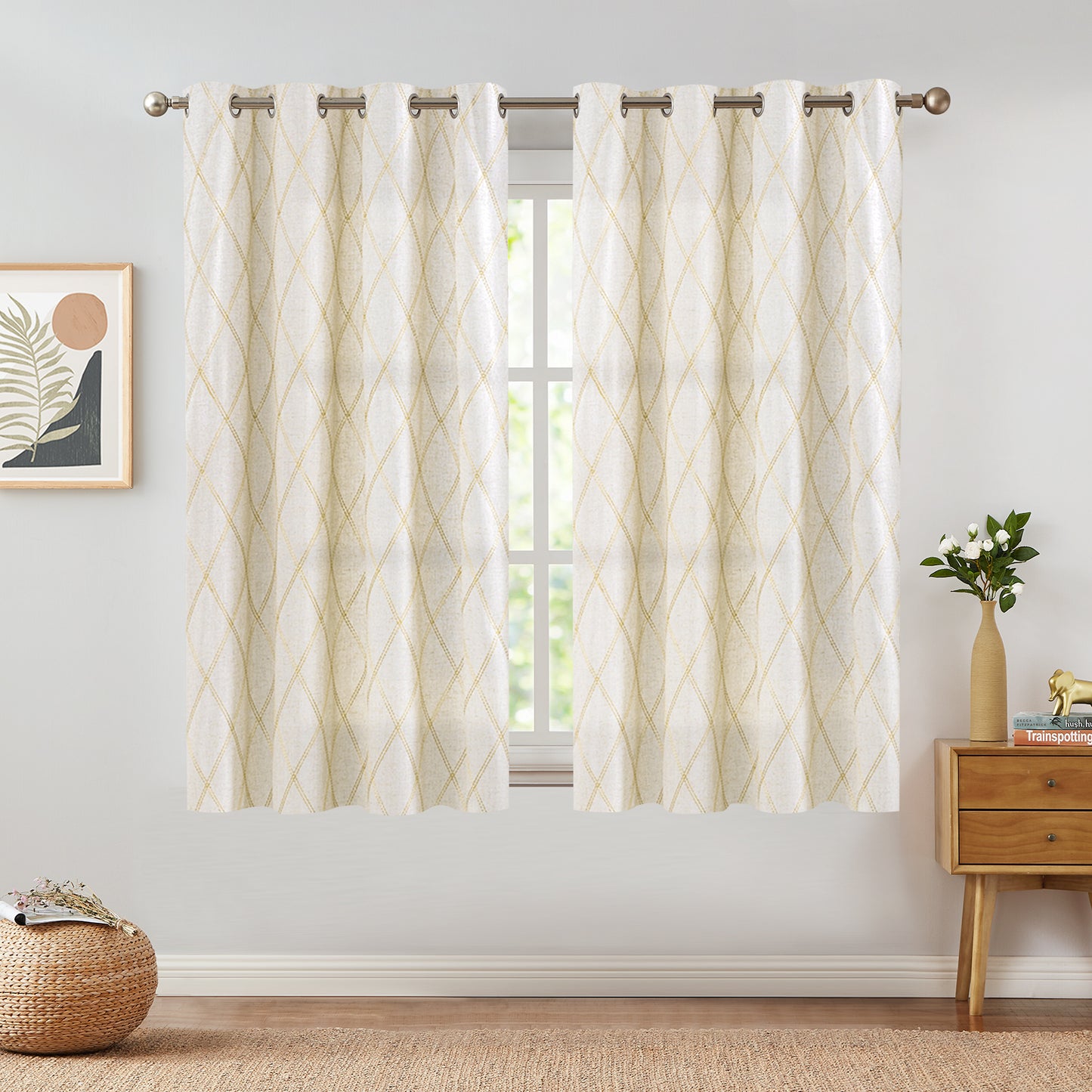 Curtainking Linen Curtains for Living Room Farmhouse Diamond Embroidered Flax Window Drapes Light Filtering Grommet Curtains 2 Panels