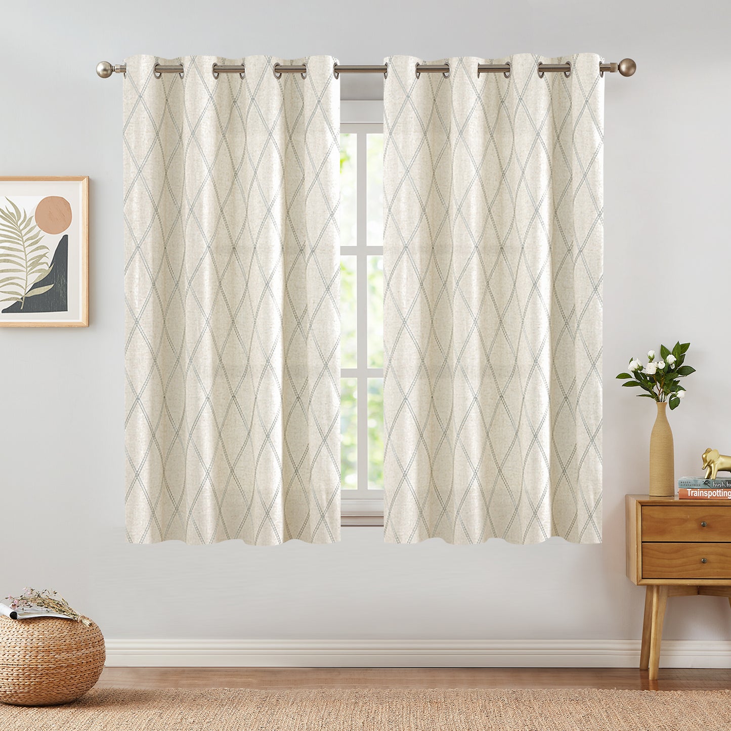 Curtainking Linen Curtains for Living Room Farmhouse Diamond Embroidered Flax Window Drapes Light Filtering Grommet Curtains 2 Panels