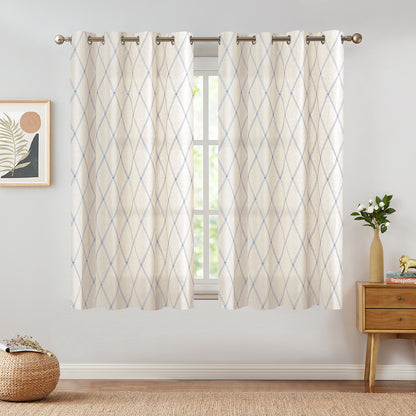 Curtainking Linen Curtains for Living Room Farmhouse Diamond Embroidered Flax Window Drapes Light Filtering Grommet Curtains 2 Panels