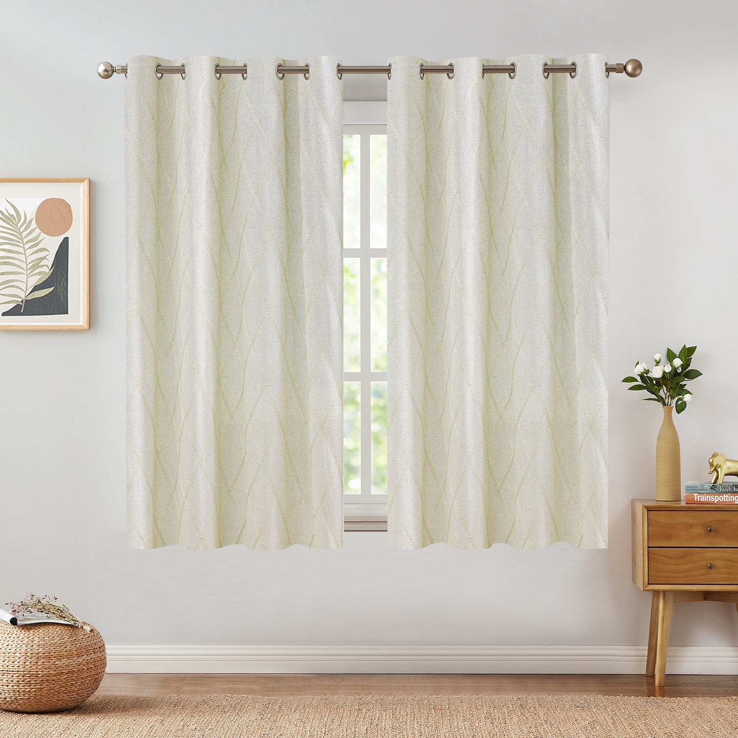 Curtainking Linen Curtains for Living Room Farmhouse Diamond Embroidered Flax Window Drapes Light Filtering Grommet Curtains 2 Panels