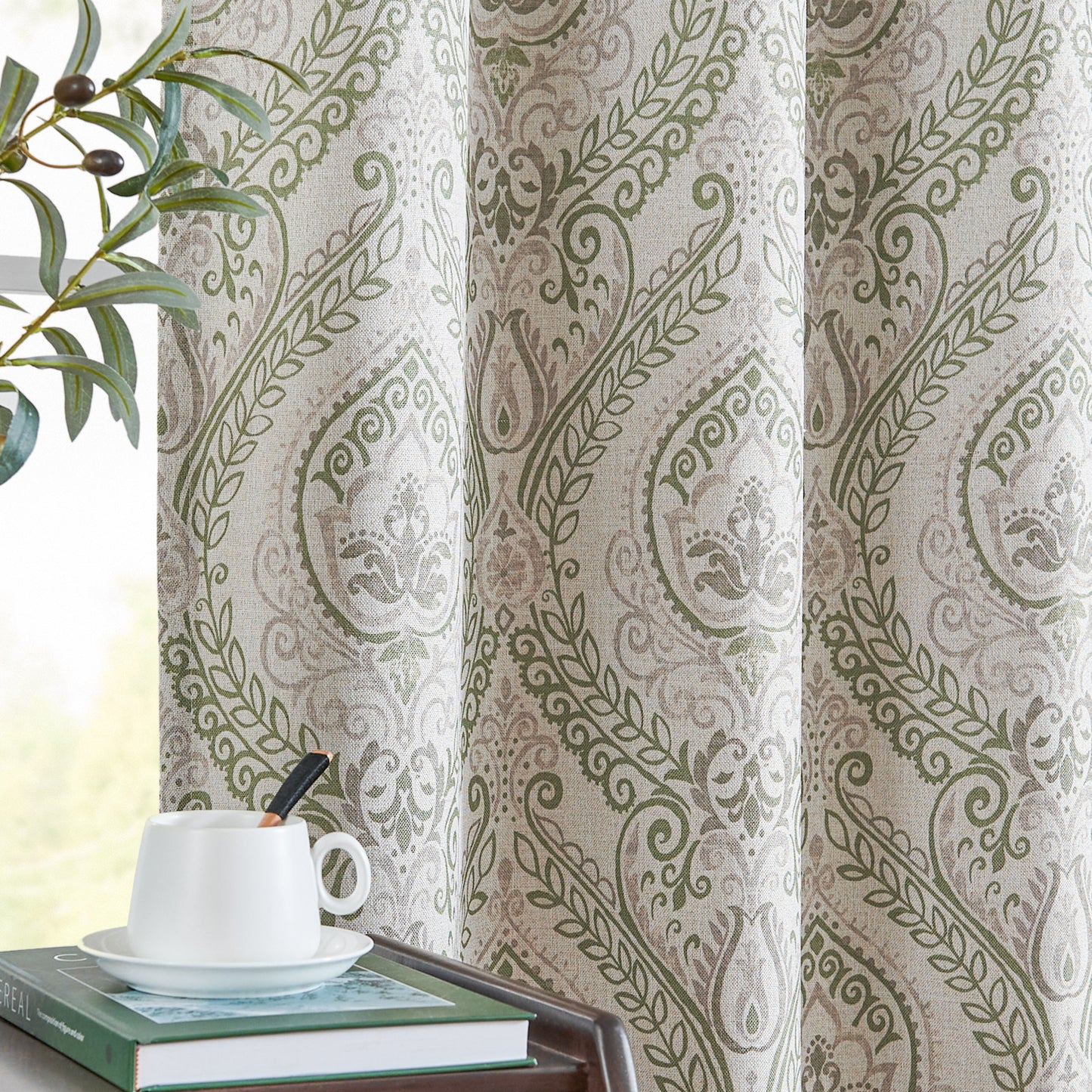 Curtainking Damask Printed Curtains for Bedroom Living Room Linen Textured Thermal Insulated Curtains Grommet 2 Panels