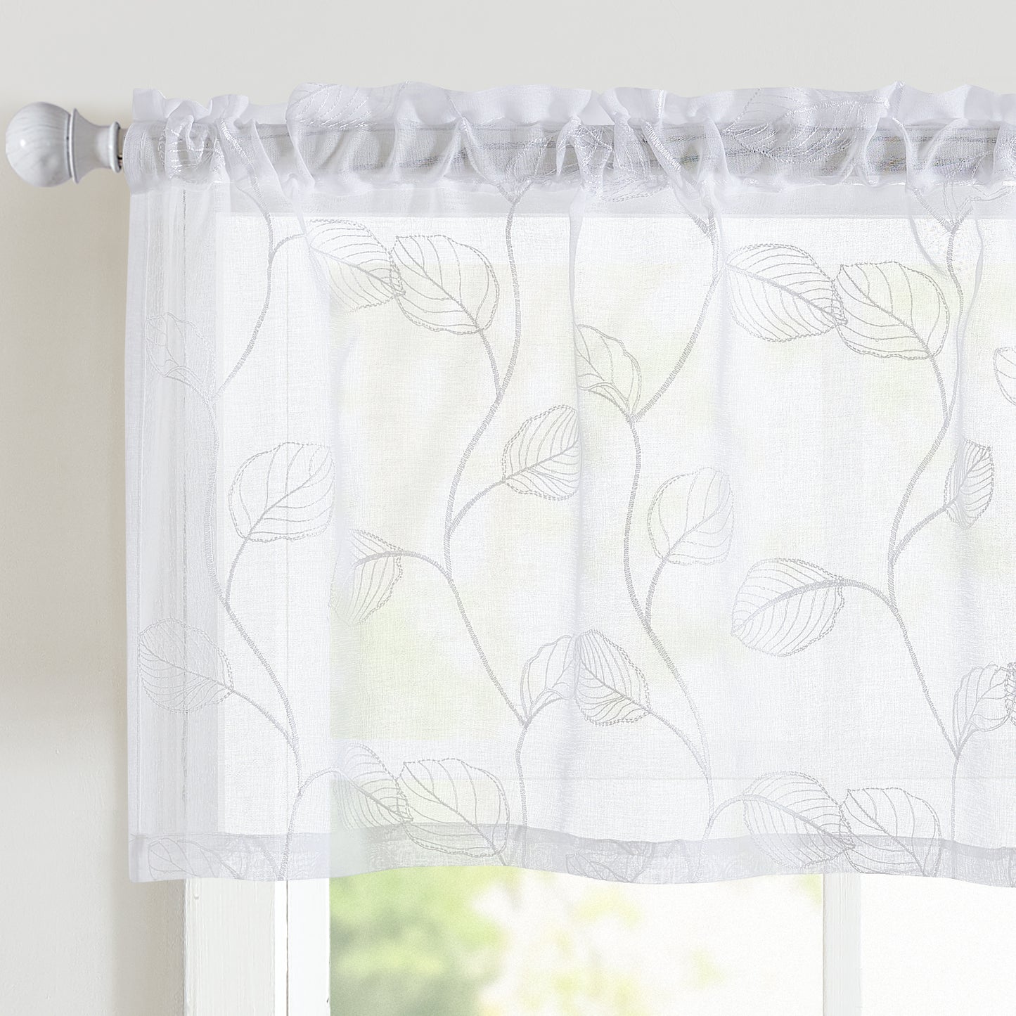 Curtainking Leaf Embroidered Window Topper Valance Farmhouse Sheer Kitchen Valance Light Filtering Short Curtains Rod Pocket 1 Panel Drape
