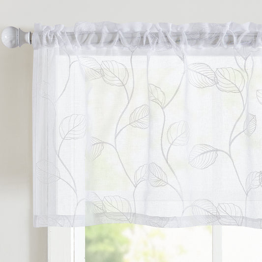 Curtainking Leaf Embroidered Window Topper Valance Farmhouse Sheer Kitchen Valance Light Filtering Short Curtains Rod Pocket 1 Panel Drape