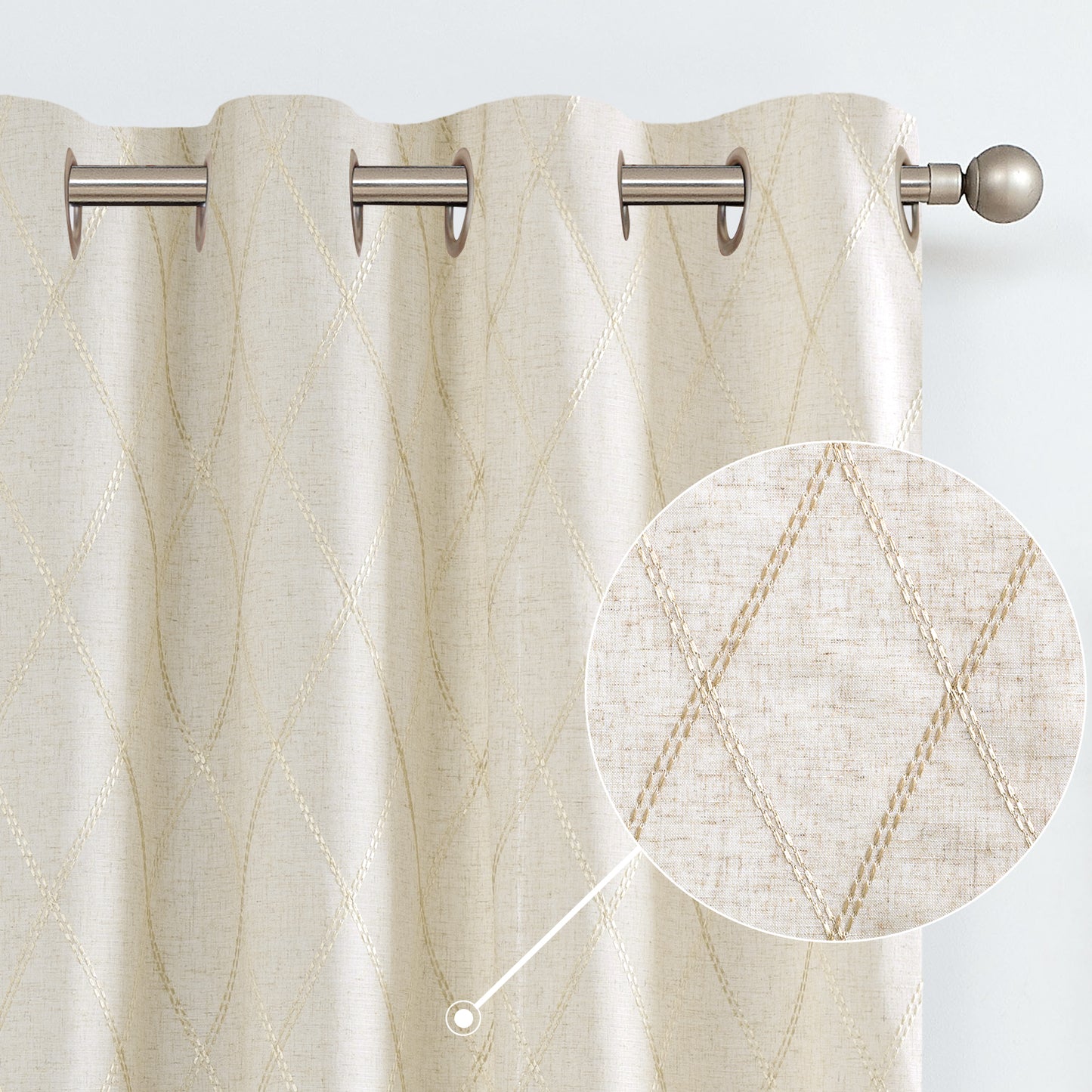 Curtainking Linen Curtains for Living Room Farmhouse Diamond Embroidered Flax Window Drapes Light Filtering Grommet Curtains 2 Panels