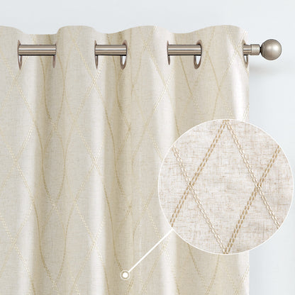 Curtainking Linen Curtains for Living Room Farmhouse Diamond Embroidered Flax Window Drapes Light Filtering Grommet Curtains 2 Panels