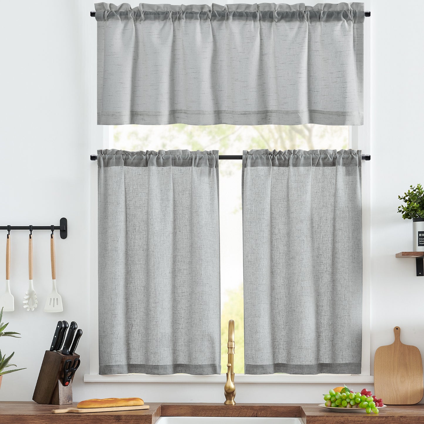 Curtainking Kitchen Curtains and Farmhouse Linen Semi Sheer Cafe Curtains 3-Piece Rod Pocket