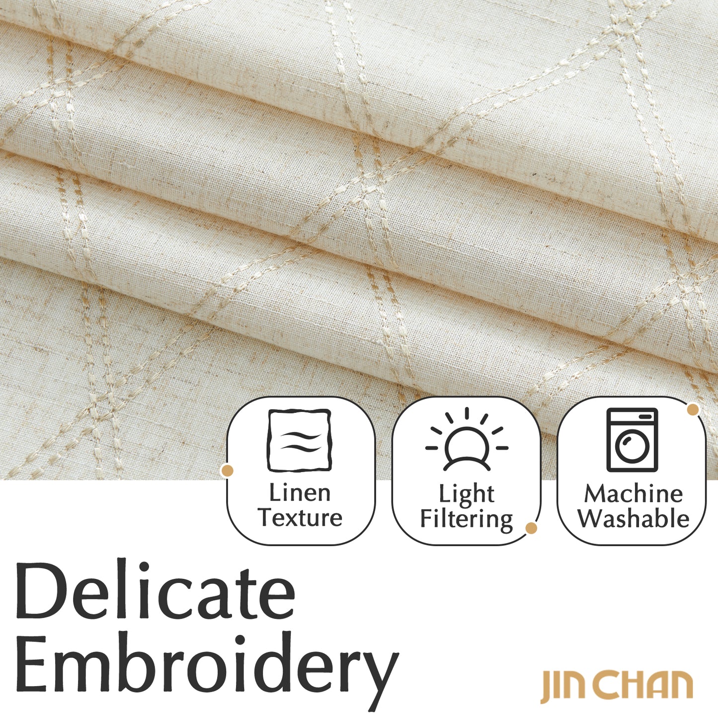 Curtainking Linen Curtains for Living Room Farmhouse Diamond Embroidered Flax Window Drapes Light Filtering Grommet Curtains 2 Panels