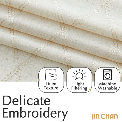 Curtainking Linen Curtains for Living Room Farmhouse Diamond Embroidered Flax Window Drapes Light Filtering Grommet Curtains 2 Panels