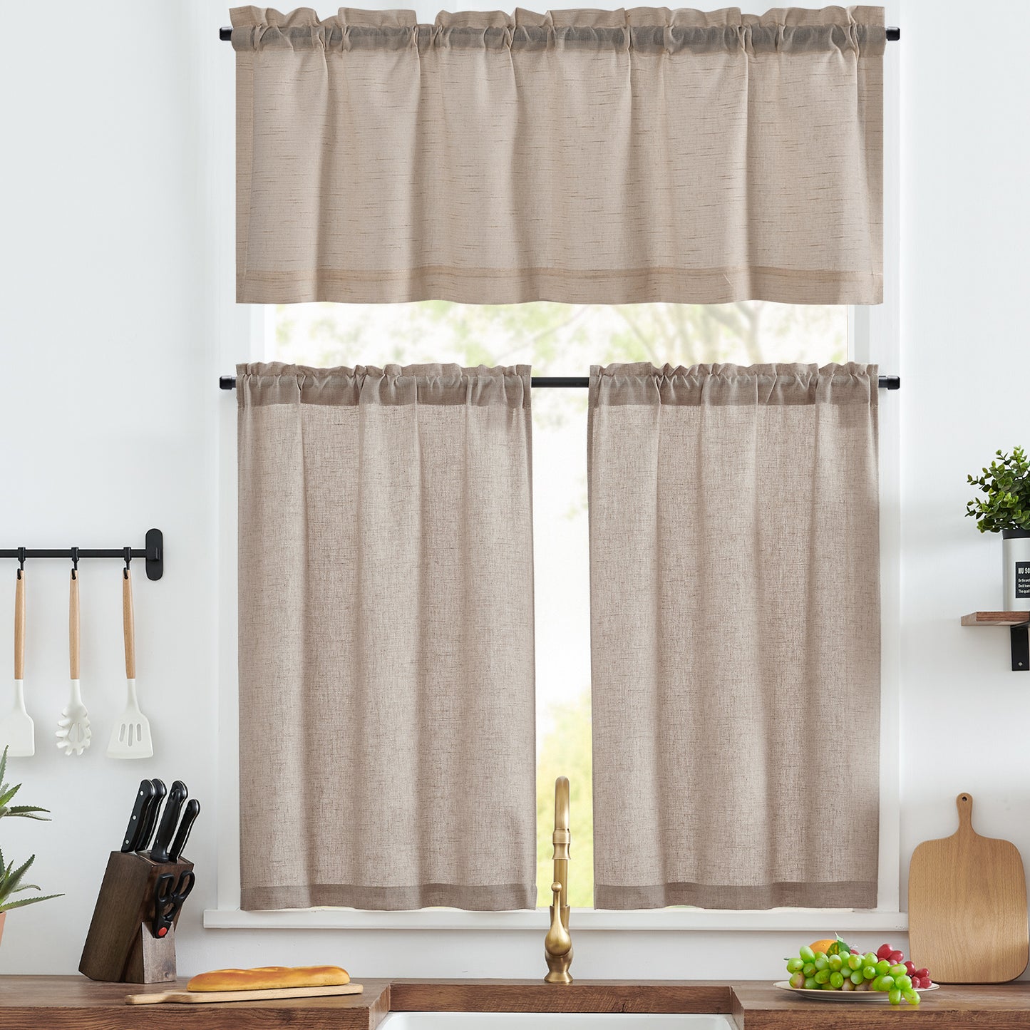 Curtainking Kitchen Curtains and Farmhouse Linen Semi Sheer Cafe Curtains 3-Piece Rod Pocket