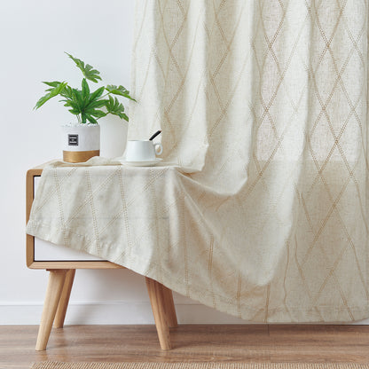 Curtainking Linen Curtains for Living Room Farmhouse Diamond Embroidered Flax Window Drapes Light Filtering Grommet Curtains 2 Panels