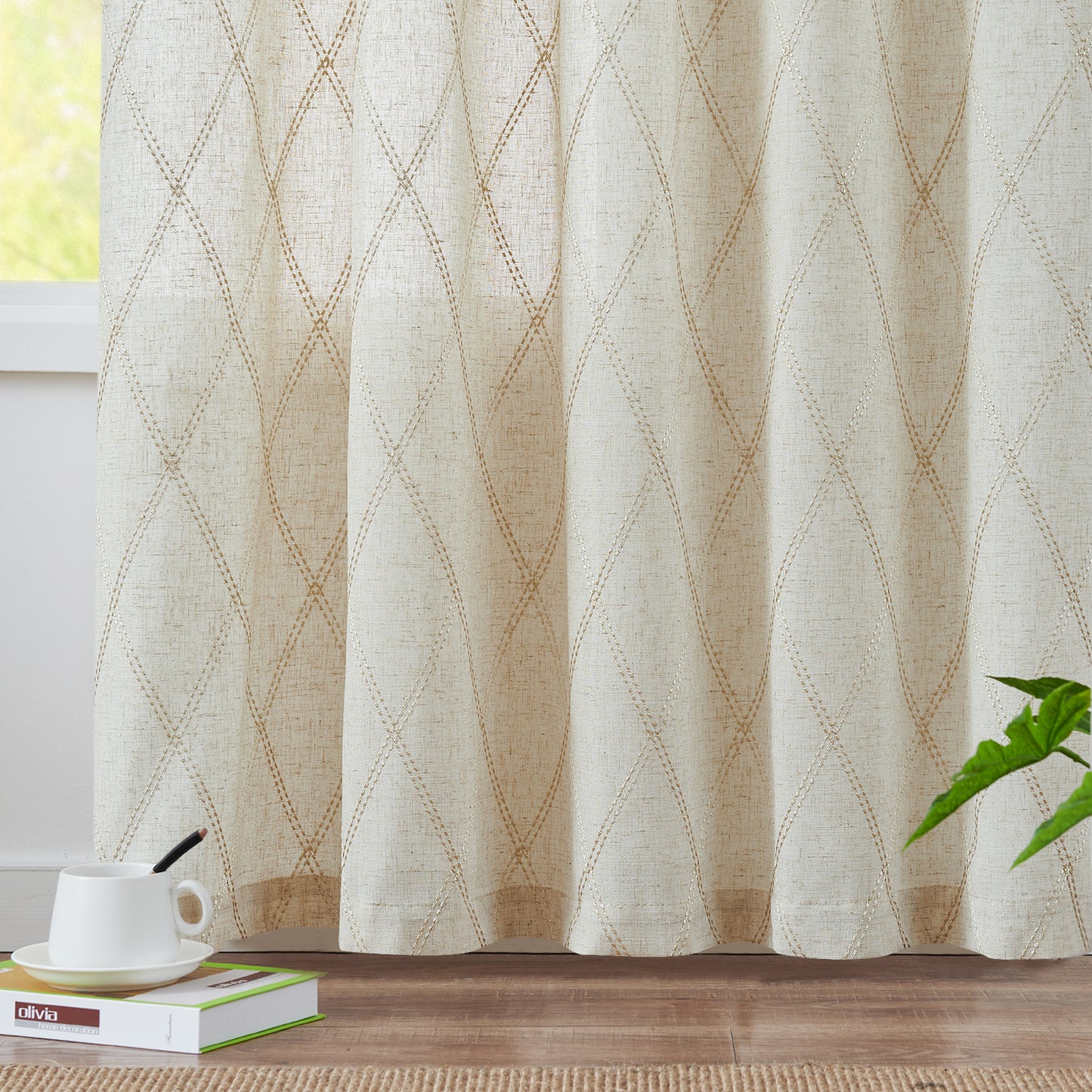 Curtainking Linen Curtains for Living Room Farmhouse Diamond Embroidered Flax Window Drapes Light Filtering Grommet Curtains 2 Panels