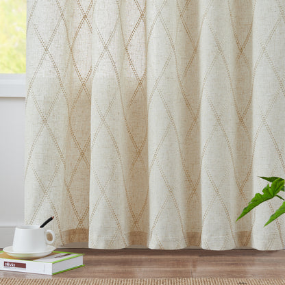 Curtainking Linen Curtains for Living Room Farmhouse Diamond Embroidered Flax Window Drapes Light Filtering Grommet Curtains 2 Panels