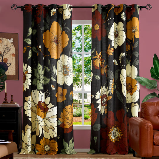Curtainking Floral Curtains for Bedroom Linen Textured Curtains for Living Room Vintage Flower Pattern Printed Window Curtains Length 2 Panels Set with Grommet