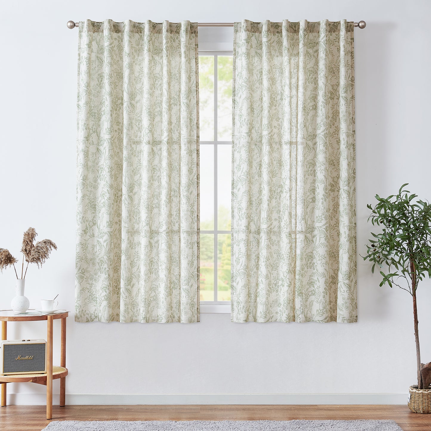 Curtainking Floral Curtains Linen Farmhouse Curtains for Living Room Country Curtains Back Tab Semi Sheer Curtains Light Filtering 2 Panels