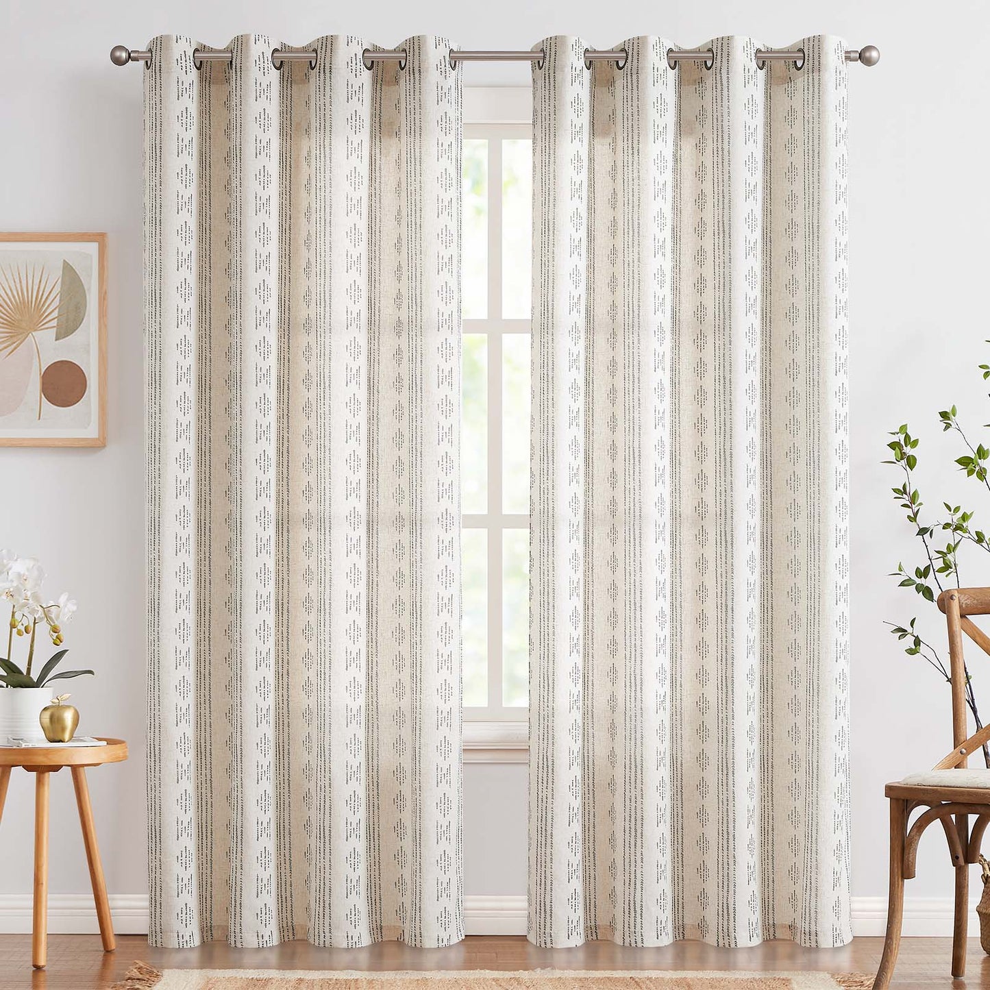 Curtainking Linen Blend Curtains Light Filtering Geometric Striped Boho Farmhouse Grommet Curtains for Living Room Pack of 2