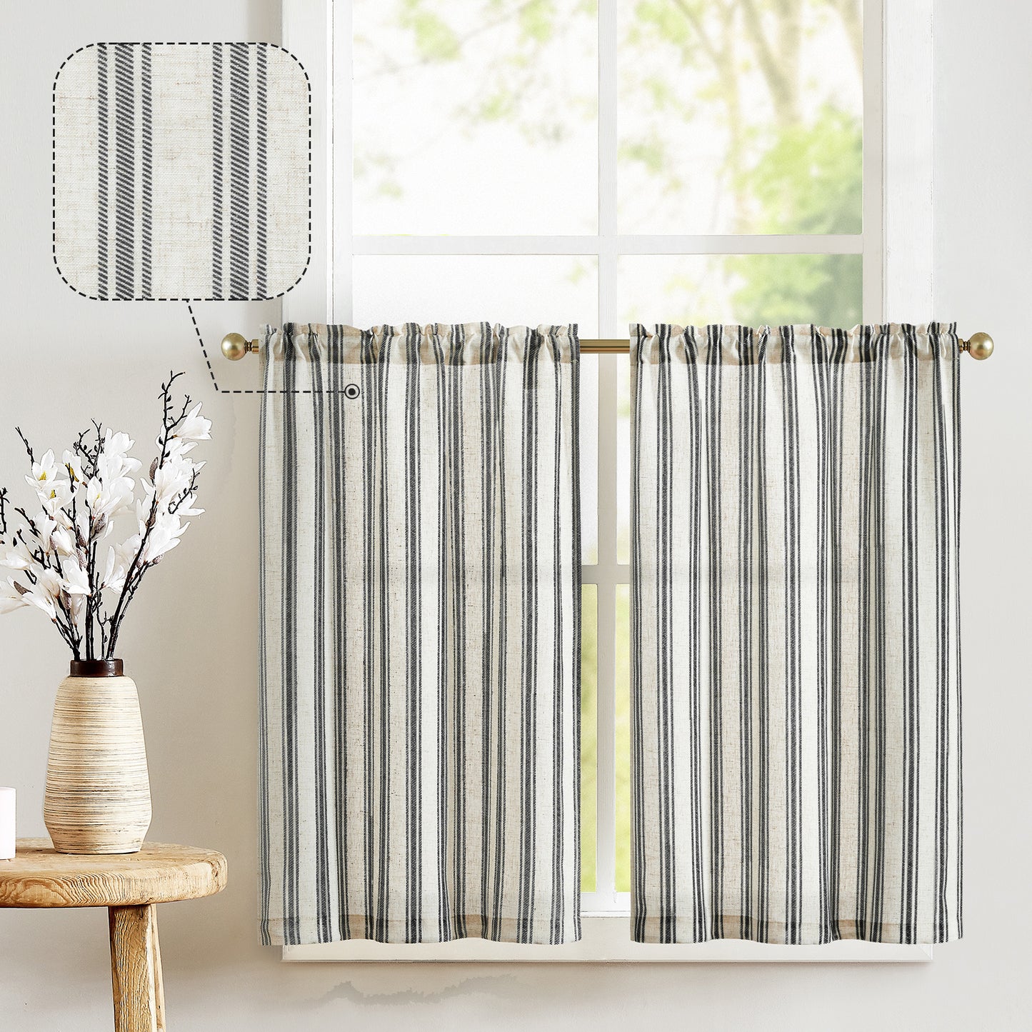 Curtainking Striped Kitchen Curtain Linen Cafe Curtains Semi-Sheer Rustic Farmhouse Tier Curtains Rod Pocket 2 Panels