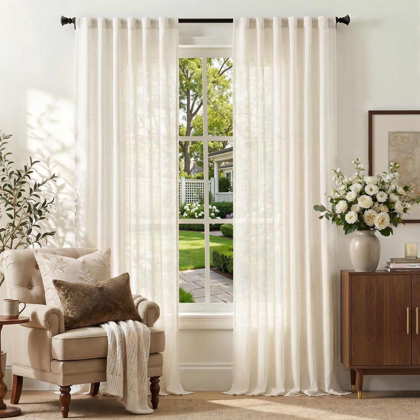 TOPICK Semi Sheer Curtains  Light Filtering Drapes Back Tab Linen Blend Window Treatments for Living Room Bedroom Dining Room 2 Panels