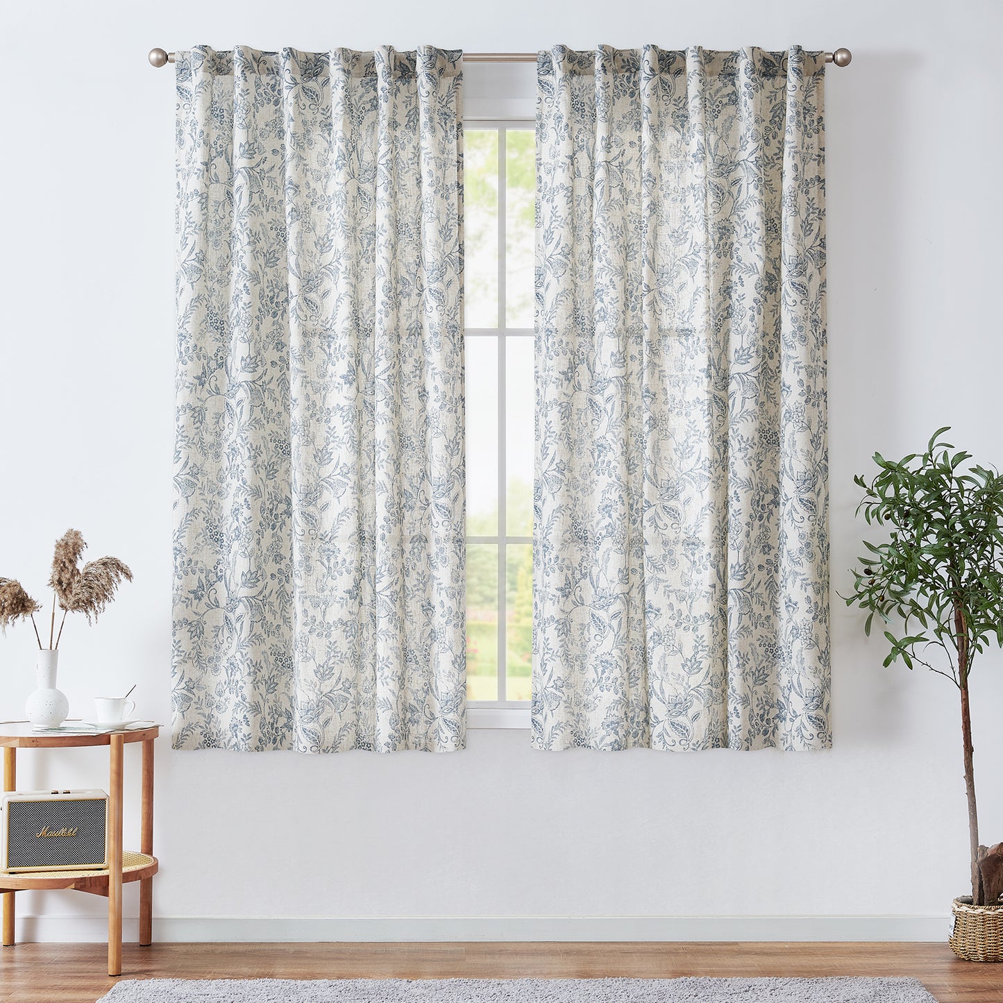 Curtainking Floral Curtains Linen Farmhouse Curtains for Living Room Country Curtains Back Tab Semi Sheer Curtains Light Filtering 2 Panels