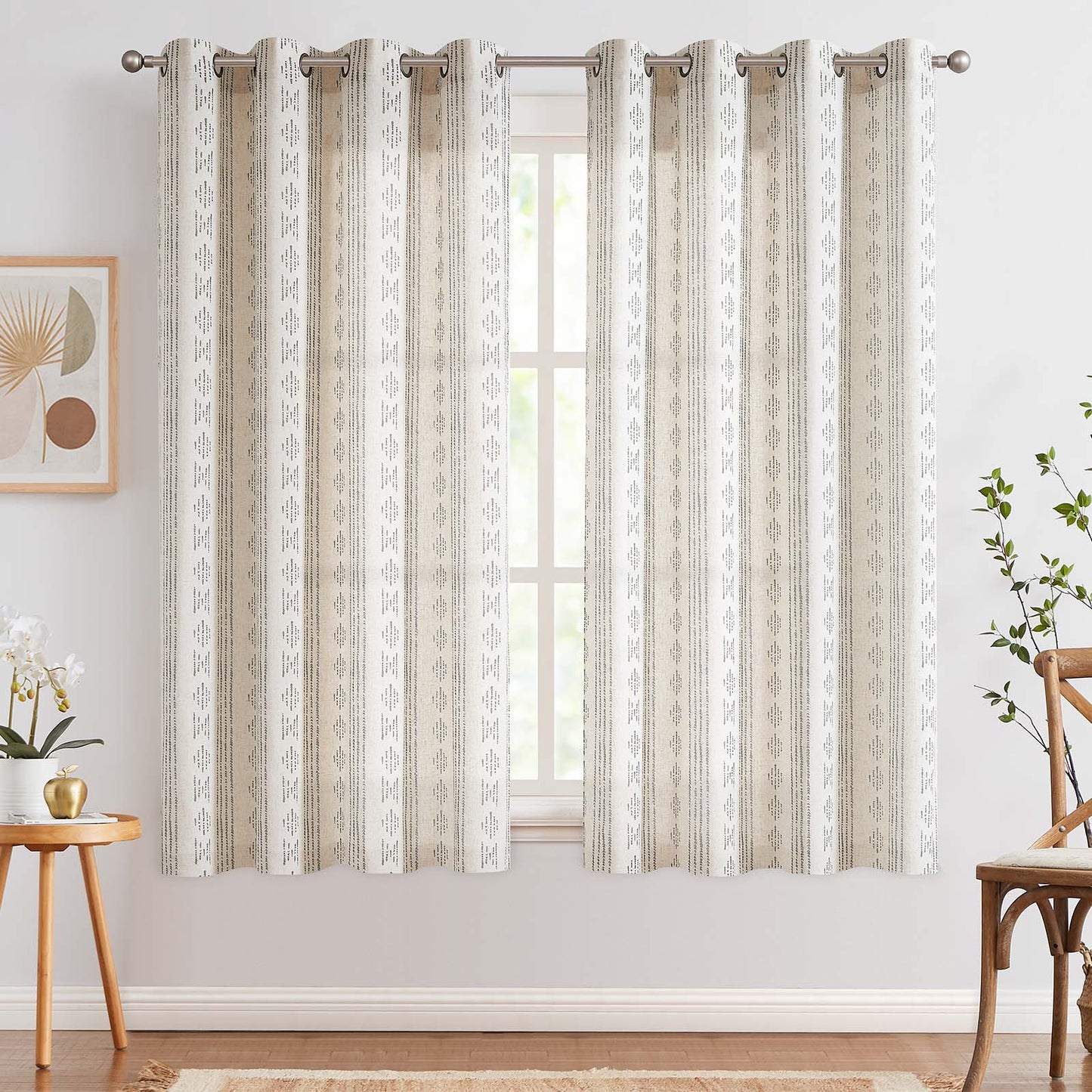Curtainking Linen Blend Curtains Light Filtering Geometric Striped Boho Farmhouse Grommet Curtains for Living Room Pack of 2