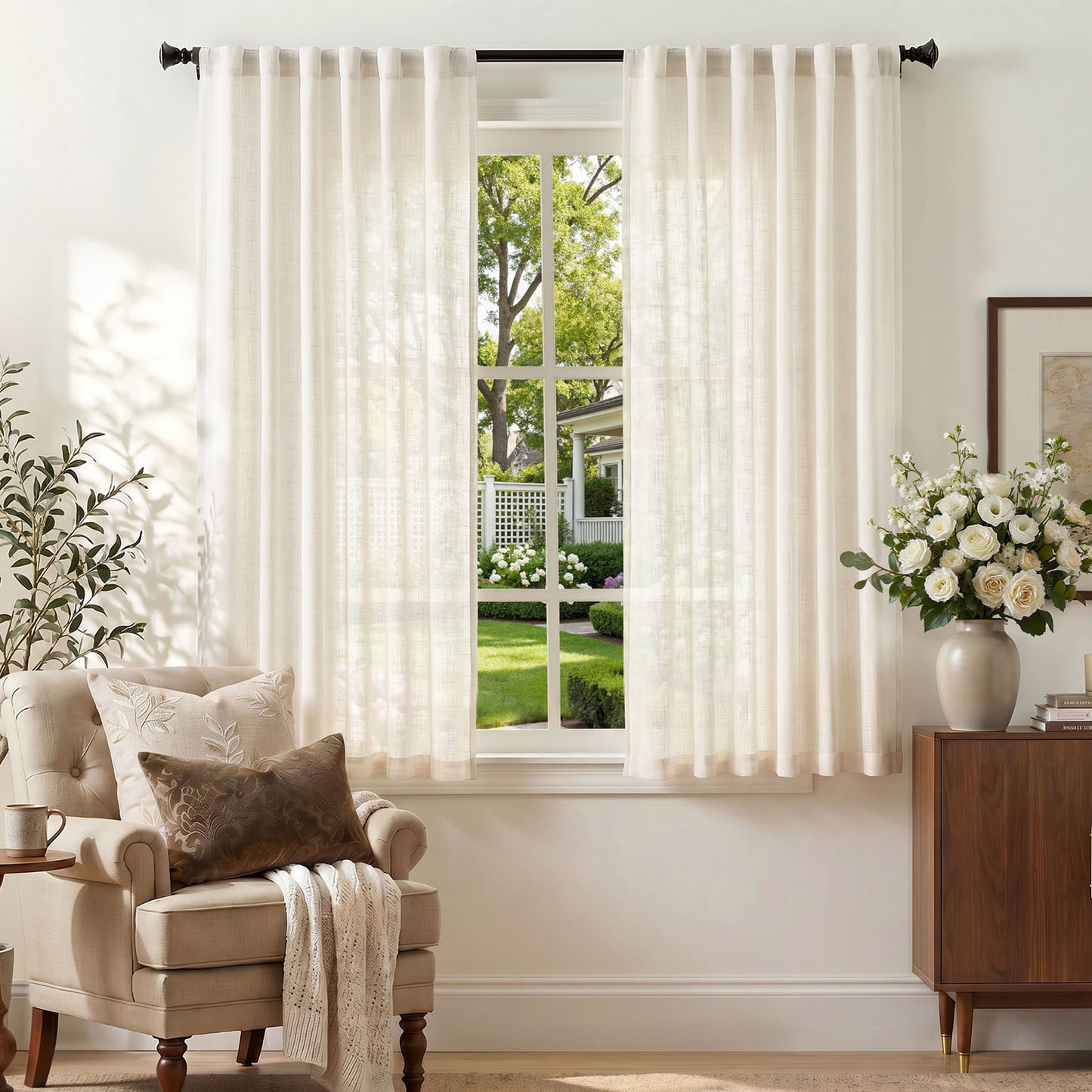 TOPICK Semi Sheer Curtains  Light Filtering Drapes Back Tab Linen Blend Window Treatments for Living Room Bedroom Dining Room 2 Panels