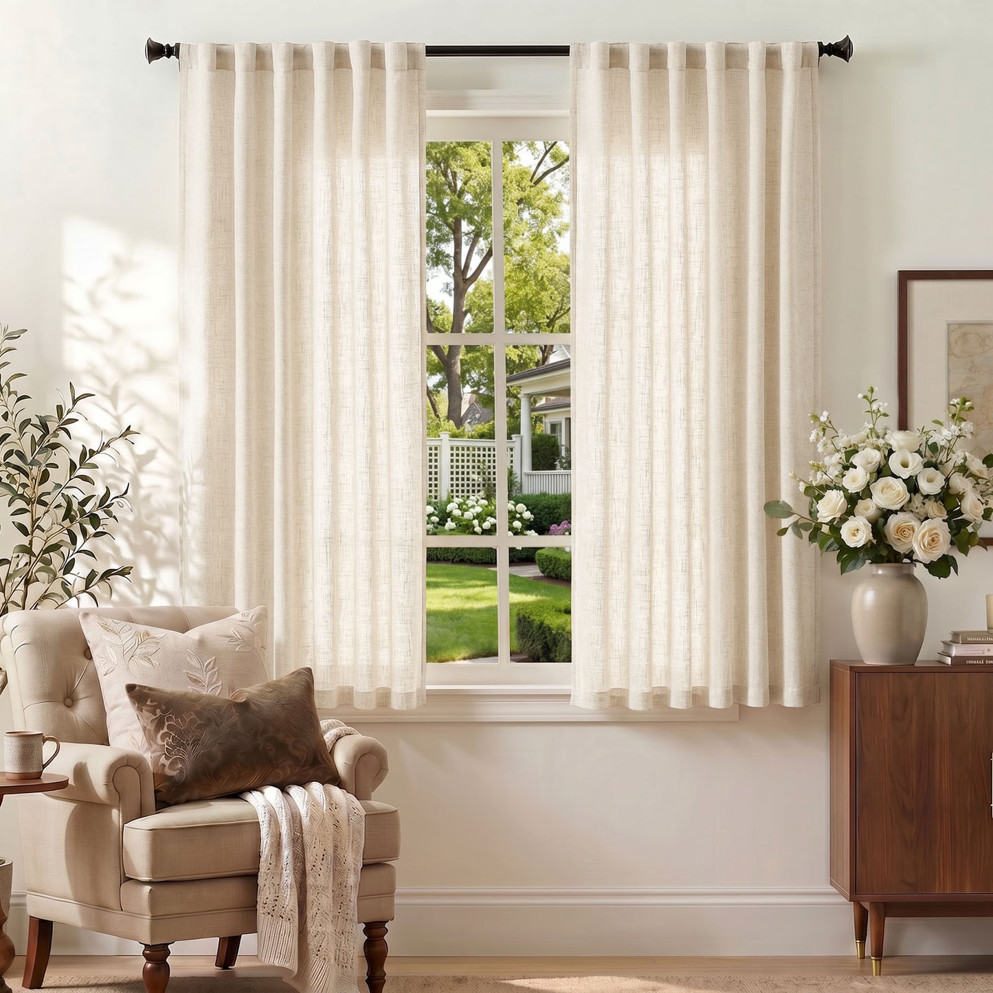 TOPICK Semi Sheer Curtains  Light Filtering Drapes Back Tab Linen Blend Window Treatments for Living Room Bedroom Dining Room 2 Panels