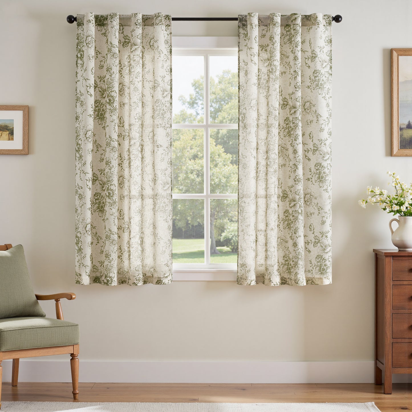 CURTAINKING Linen Curtains Floral Curtains for Living Room Printed Curtains Rod Pocket Back Tab Farmhouse Peony Flower Patterned Drapes Bedroom Window Curtain Set 2 Panels