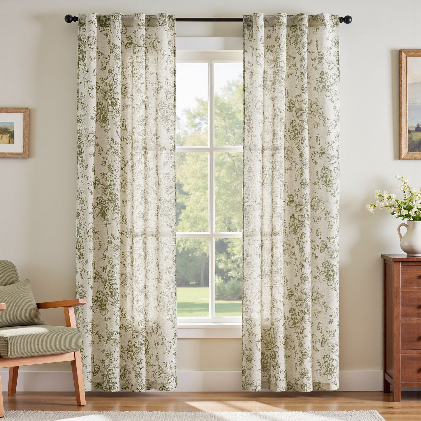 CURTAINKING Linen Curtains Floral Curtains for Living Room Printed Curtains Rod Pocket Back Tab Farmhouse Peony Flower Patterned Drapes Bedroom Window Curtain Set 2 Panels
