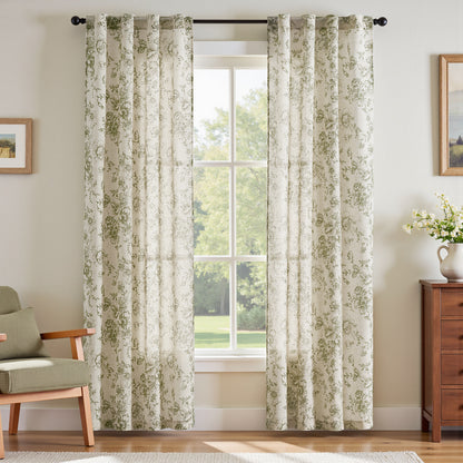 CURTAINKING Linen Curtains Floral Curtains for Living Room Printed Curtains Rod Pocket Back Tab Farmhouse Peony Flower Patterned Drapes Bedroom Window Curtain Set 2 Panels