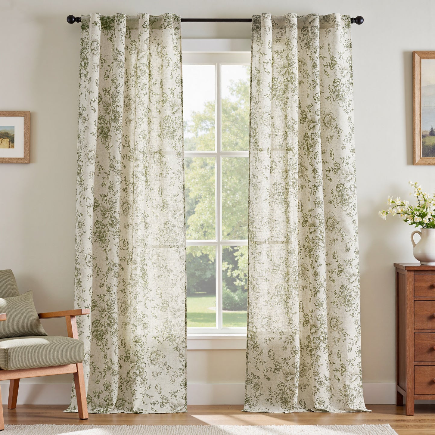 CURTAINKING Linen Curtains Floral Curtains for Living Room Printed Curtains Rod Pocket Back Tab Farmhouse Peony Flower Patterned Drapes Bedroom Window Curtain Set 2 Panels